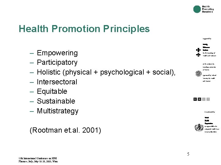 Health Promotion Principles Supported by: – – – – Ludwig Boltzmann. Institute for the