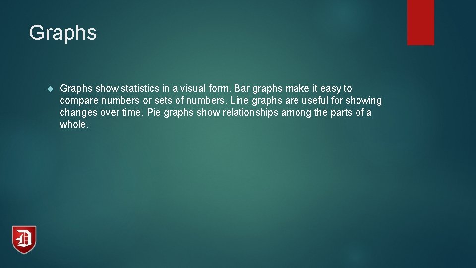 Graphs show statistics in a visual form. Bar graphs make it easy to compare