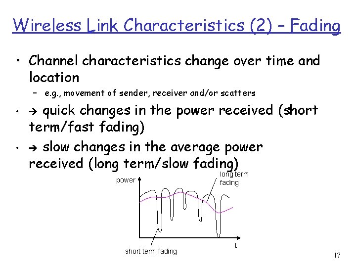 Wireless Link Characteristics (2) – Fading • Channel characteristics change over time and location Wireless Link Characteristics (2) – Fading • Channel characteristics change over time and location