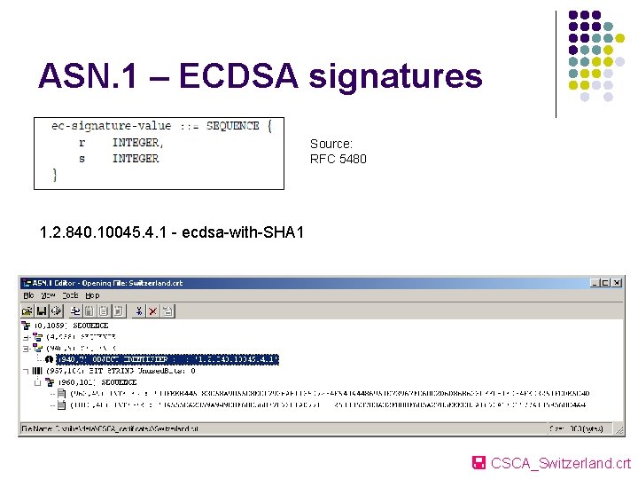 ASN. 1 – ECDSA signatures Source: RFC 5480 1. 2. 840. 10045. 4. 1