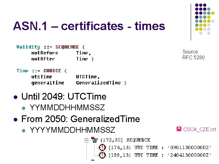 ASN. 1 – certificates - times Source: RFC 5280 l Until 2049: UTCTime l