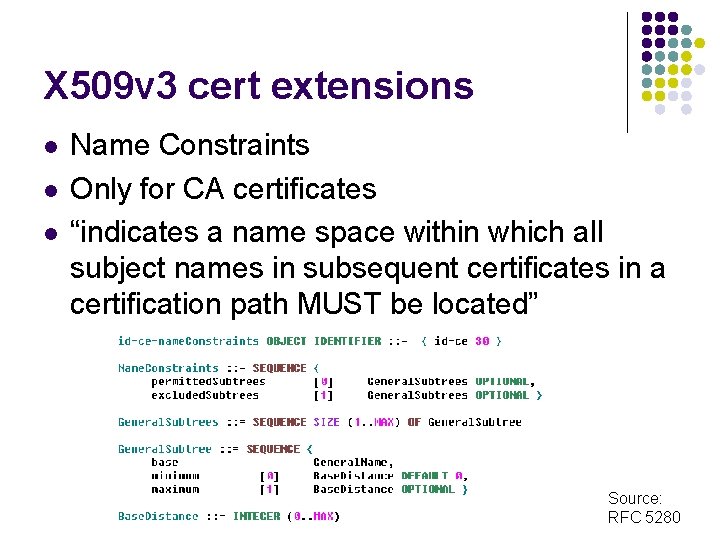 X 509 v 3 cert extensions l l l Name Constraints Only for CA