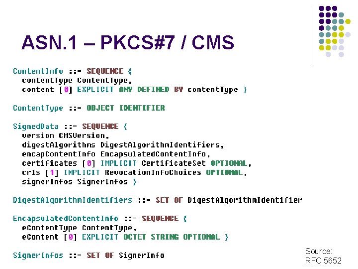 ASN. 1 – PKCS#7 / CMS Source: RFC 5652 