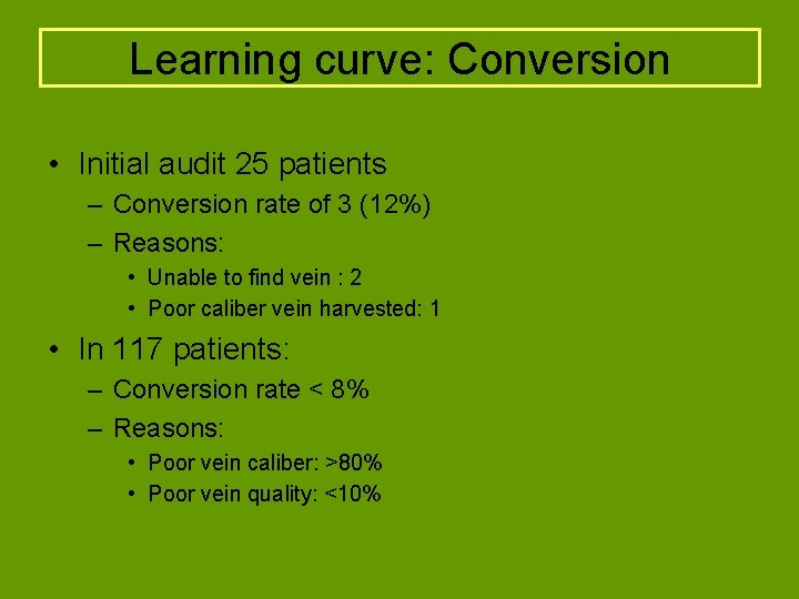 Learning curve: Conversion • Initial audit 25 patients – Conversion rate of 3 (12%)