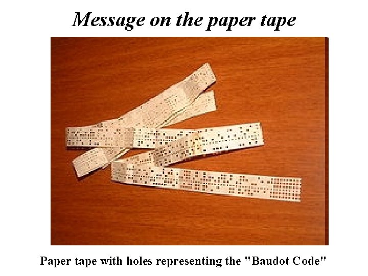 Message on the paper tape Paper tape with holes representing the "Baudot Code" 