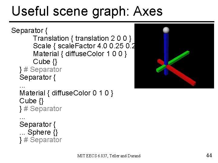 Useful scene graph: Axes Separator { Translation { translation 2 0 0 } Scale