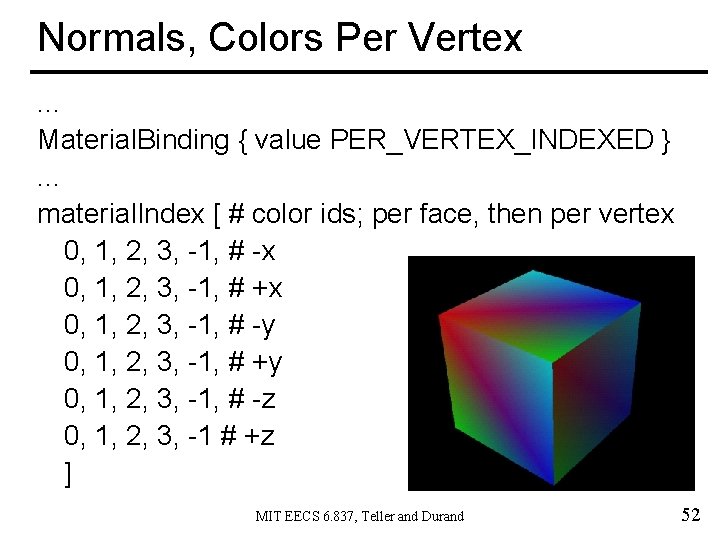 Normals, Colors Per Vertex. . . Material. Binding { value PER_VERTEX_INDEXED }. . .