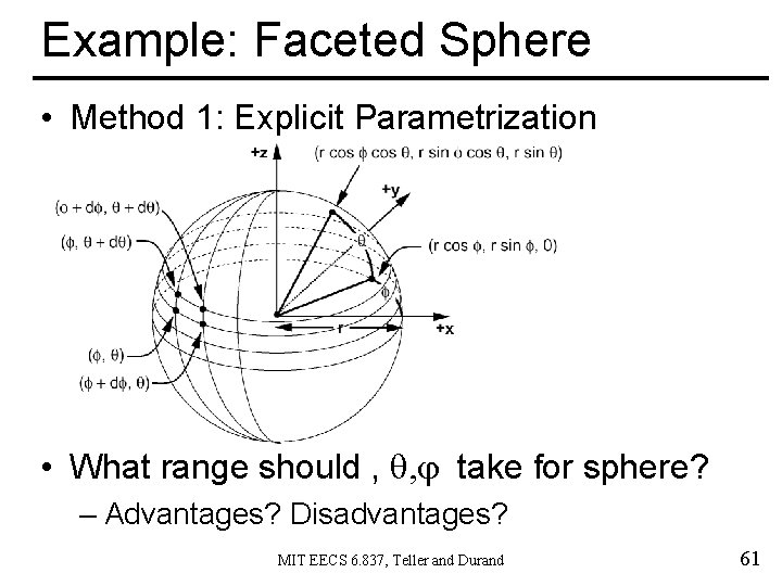 Example: Faceted Sphere • Method 1: Explicit Parametrization • What range should , q,