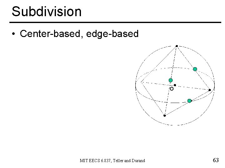 Subdivision • Center-based, edge-based MIT EECS 6. 837, Teller and Durand 63 