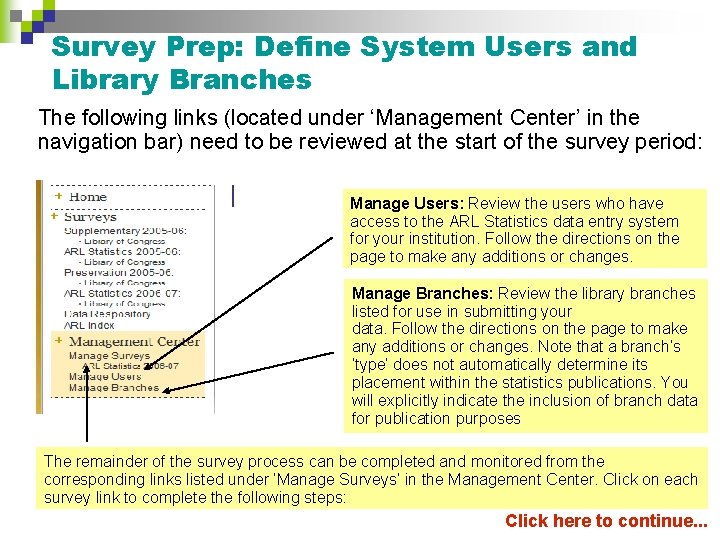 Survey Prep: Define System Users and Library Branches The following links (located under ‘Management