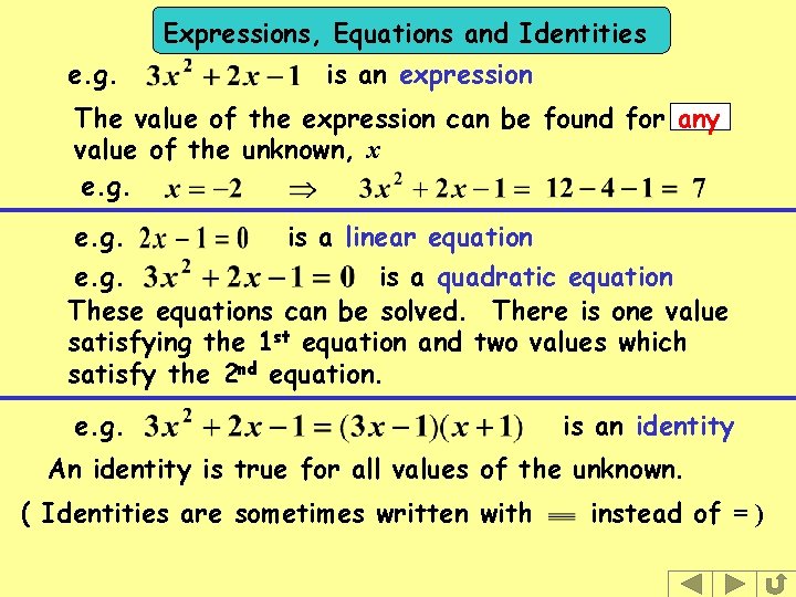 Expressions, Equations and Identities e. g. is an expression The value of the expression