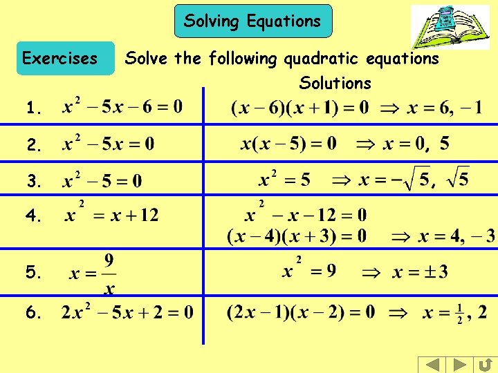 Solving Equations Exercises 1. 2. 3. 4. 5. 6. Solve the following quadratic equations