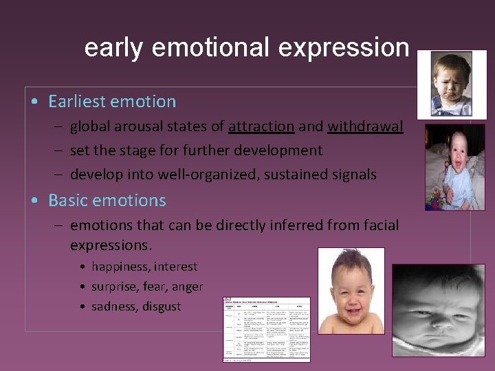 early emotional expression • Earliest emotion – global arousal states of attraction and withdrawal