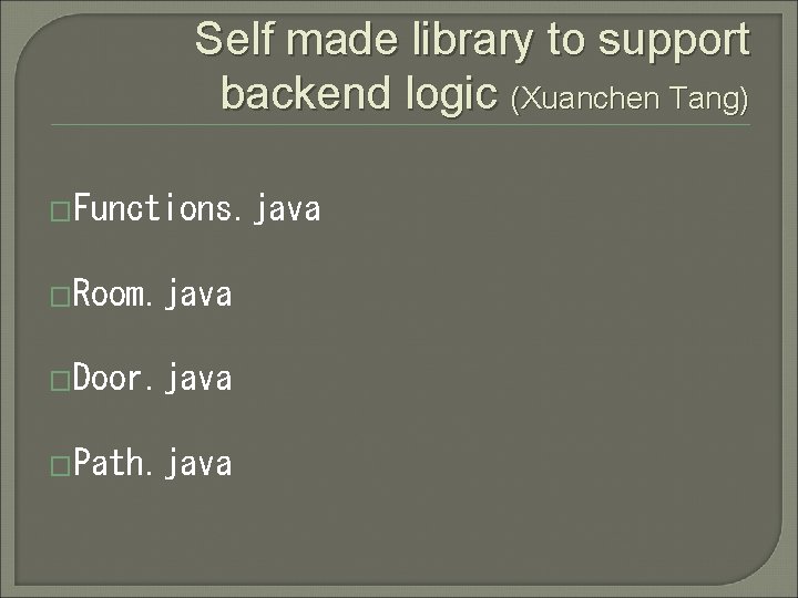 Self made library to support backend logic (Xuanchen Tang) �Functions. java �Room. java �Door. Self made library to support backend logic (Xuanchen Tang) �Functions. java �Room. java �Door.