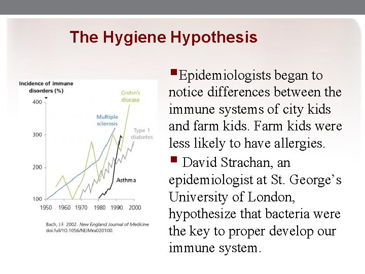 The Hygiene Hypothesis §Epidemiologists began to notice differences between the immune systems of city