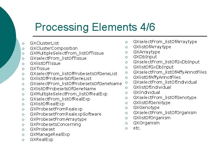 Processing Elements 4/6 ¡ ¡ ¡ ¡ ¡ GXCluster. List GXCluster. Composition GXMultiple. Select.