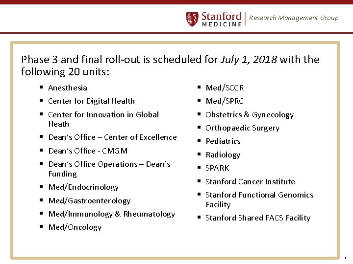 Research Management Group Phase 3 and final roll-out is scheduled for July 1, 2018 Research Management Group Phase 3 and final roll-out is scheduled for July 1, 2018