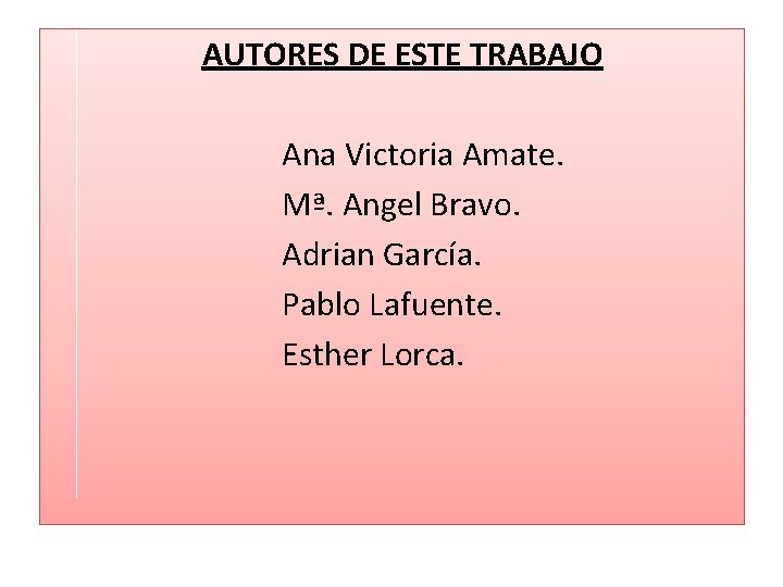 AUTORES DE ESTE TRABAJO Ana Victoria Amate. Mª. Angel Bravo. Adrian García. Pablo Lafuente.