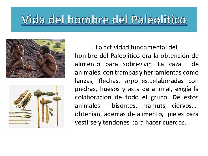 Vida del hombre del Paleolitico La actividad fundamental del hombre del Paleolítico era la