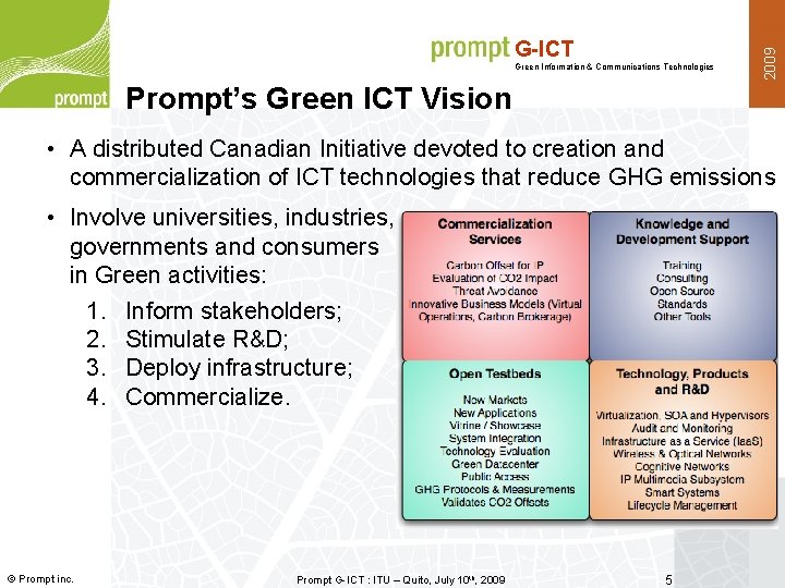 Green Information & Communications Technologies 2009 G-ICT Prompt’s Green ICT Vision • A distributed