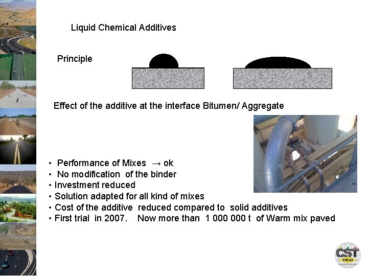 Liquid Chemical Additives Principle Effect of the additive at the interface Bitumen/ Aggregate •