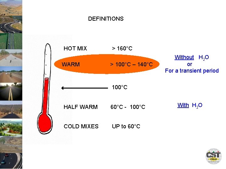 DEFINITIONS HOT MIX WARM > 160°C > 100°C – 140°C Without H 2 O