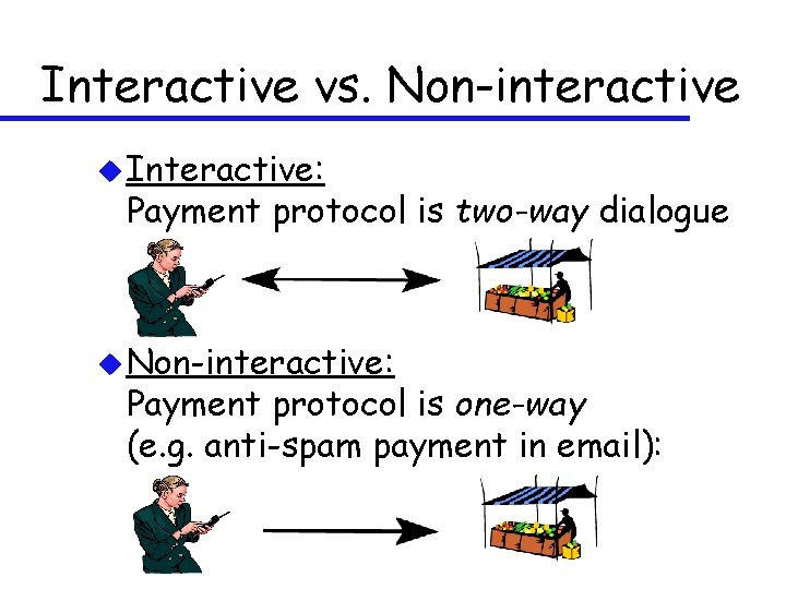 Interactive vs. Non-interactive u Interactive: Payment protocol is two-way dialogue u Non-interactive: Payment protocol