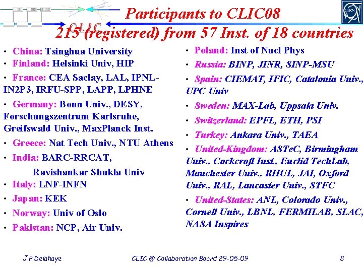 Participants to CLIC 08 215 (registered) from 57 Inst. of 18 countries • China: