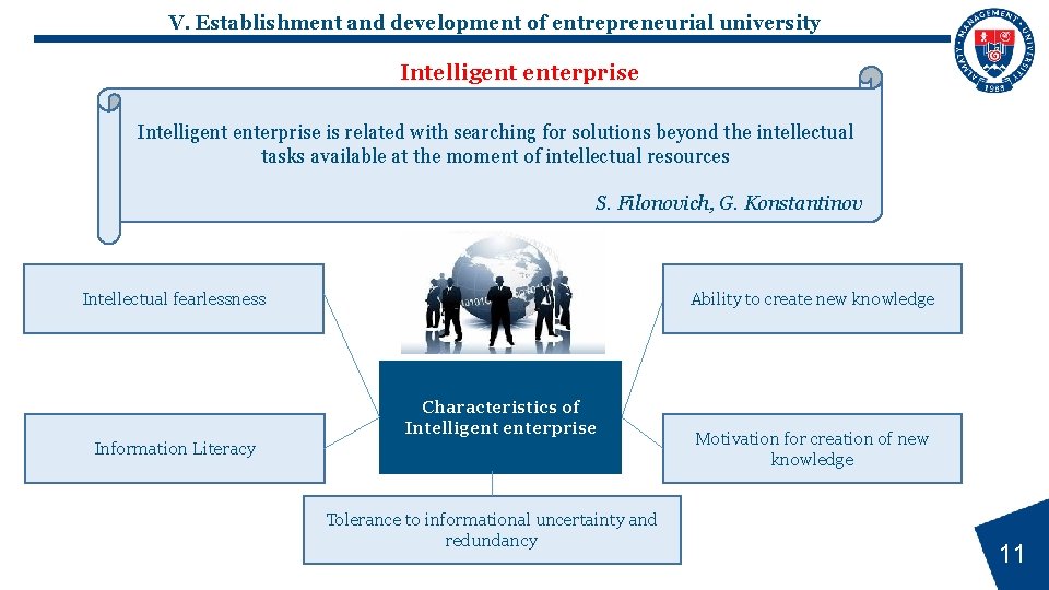 V. Establishment and development of entrepreneurial university Intelligent enterprise is related with searching for