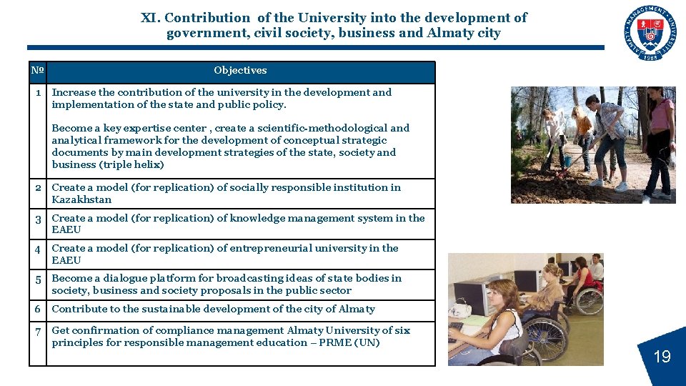 XI. Contribution of the University into the development of government, civil society, business and