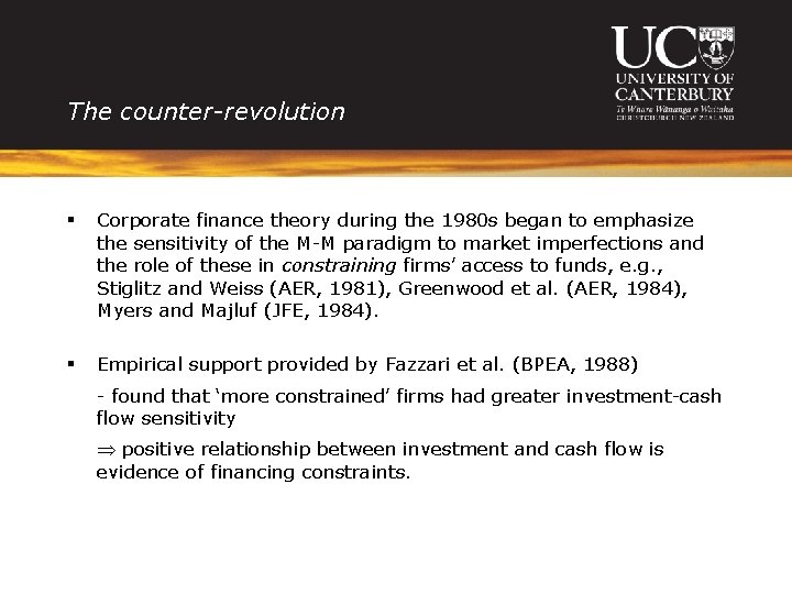 The counter-revolution § Corporate finance theory during the 1980 s began to emphasize the