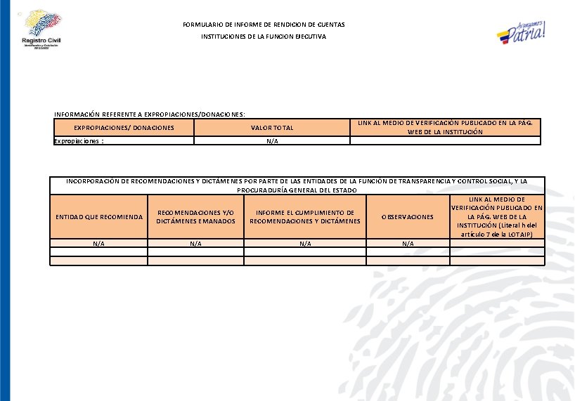 FORMULARIO DE INFORME DE RENDICION DE CUENTAS INSTITUCIONES DE LA FUNCION EJECUTIVA INFORMACIÓN REFERENTE