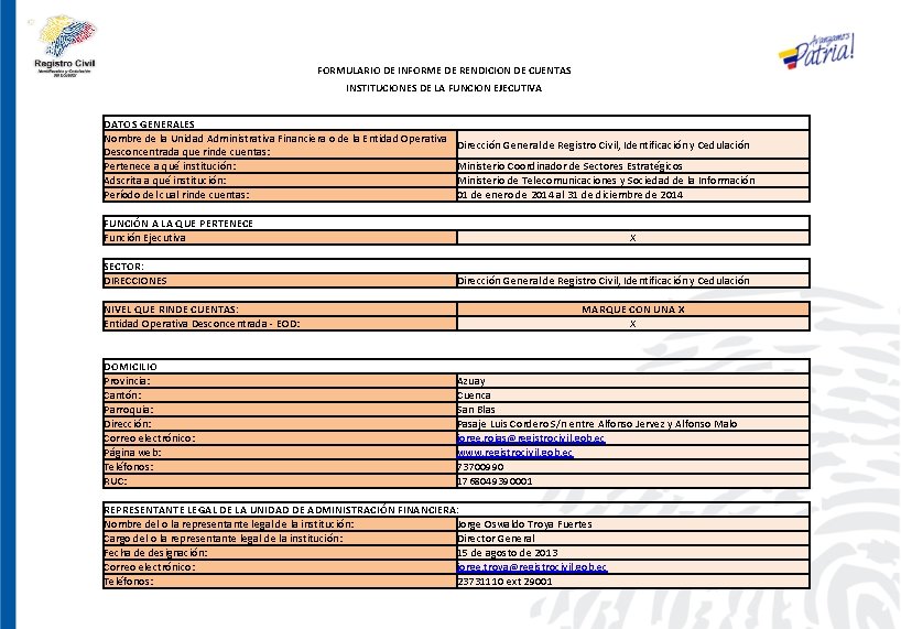 FORMULARIO DE INFORME DE RENDICION DE CUENTAS INSTITUCIONES DE LA FUNCION EJECUTIVA DATOS GENERALES