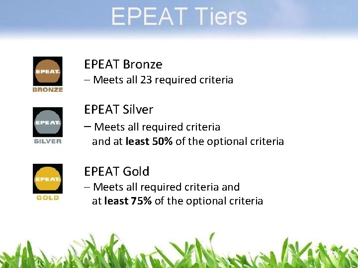 EPEAT Tiers EPEAT Bronze – Meets all 23 required criteria EPEAT Silver – Meets