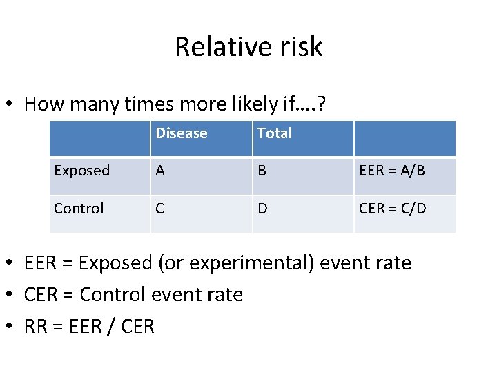 Relative risk • How many times more likely if…. ? Disease Total Exposed A