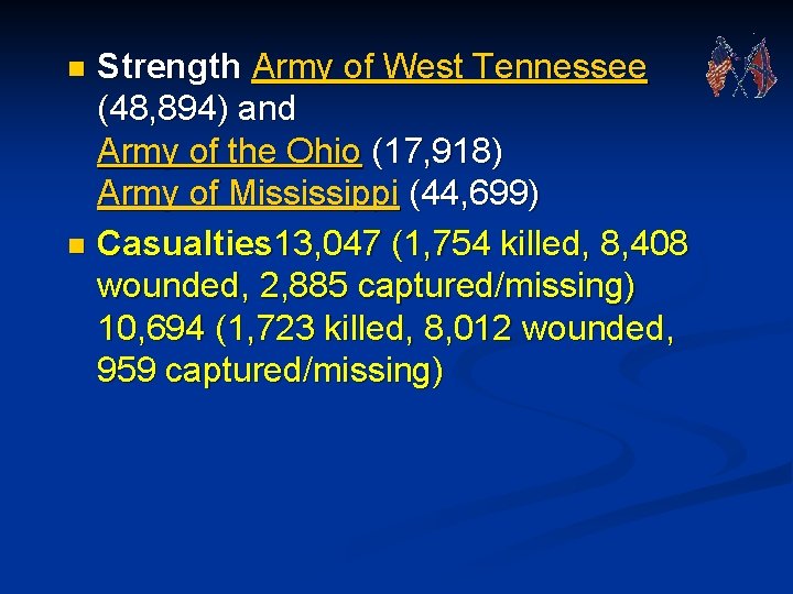 Strength Army of West Tennessee (48, 894) and Army of the Ohio (17, 918)
