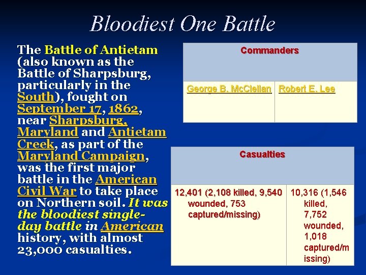 Bloodiest One Battle The Battle of Antietam (also known as the Battle of Sharpsburg,