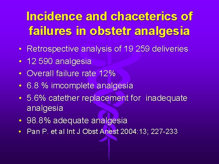 Incidence and chaceterics of failures in obstetr analgesia • • • Retrospective analysis of