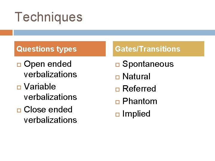 Techniques Questions types Open ended verbalizations Variable verbalizations Close ended verbalizations Gates/Transitions Spontaneous Natural Techniques Questions types Open ended verbalizations Variable verbalizations Close ended verbalizations Gates/Transitions Spontaneous Natural