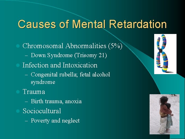 Causes of Mental Retardation l Chromosomal Abnormalities (5%) – Down Syndrome (Trisomy 21) l