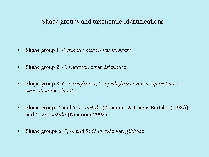 Shape groups and taxonomic identifications • Shape group 1: Cymbella cistula var. truncata •