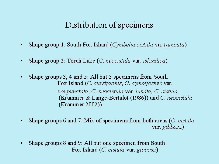 Distribution of specimens • Shape group 1: South Fox Island (Cymbella cistula var. truncata)