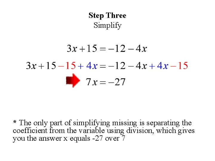 Step Three Simplify * The only part of simplifying missing is separating the coefficient