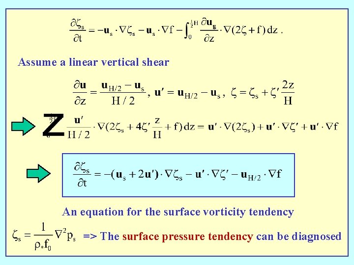 Assume a linear vertical shear An equation for the surface vorticity tendency => The