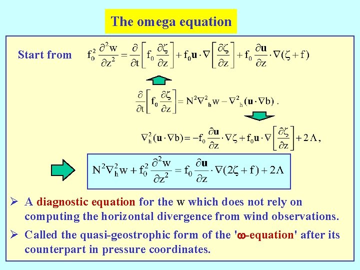 The omega equation Start from Ø A diagnostic equation for the w which does
