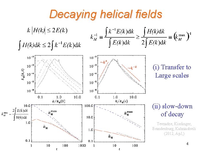 Decaying helical fields (i) Transfer to Large scales (ii) slow-down of decay Tevzadze, Kisslinger, Decaying helical fields (i) Transfer to Large scales (ii) slow-down of decay Tevzadze, Kisslinger,