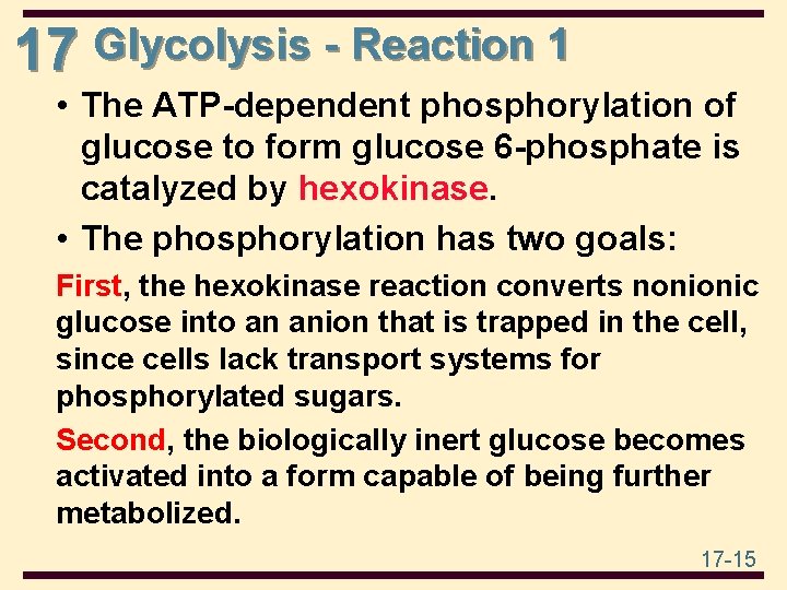 17 Glycolysis - Reaction 1 • The ATP-dependent phosphorylation of glucose to form glucose