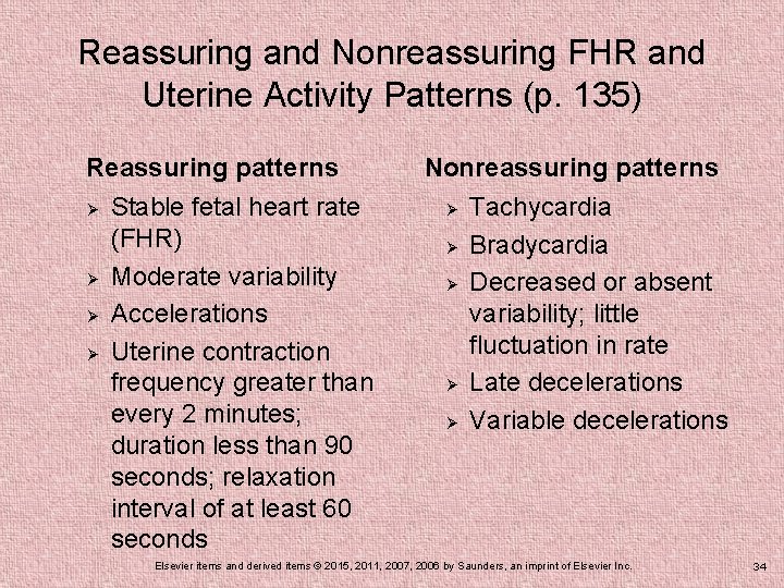 Reassuring and Nonreassuring FHR and Uterine Activity Patterns (p. 135) Reassuring patterns Ø Ø