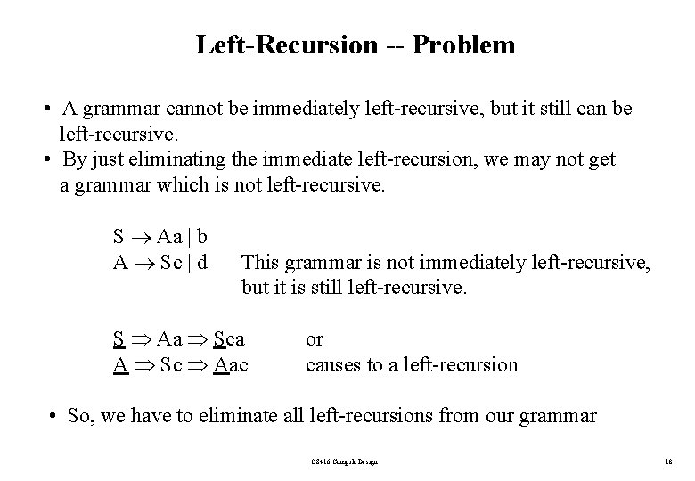 Left-Recursion -- Problem • A grammar cannot be immediately left-recursive, but it still can