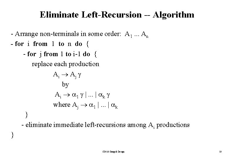 Eliminate Left-Recursion -- Algorithm - Arrange non-terminals in some order: A 1. . .